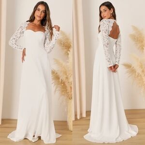 Lulu's Elegant White Lace Sleeve Wedding Dress